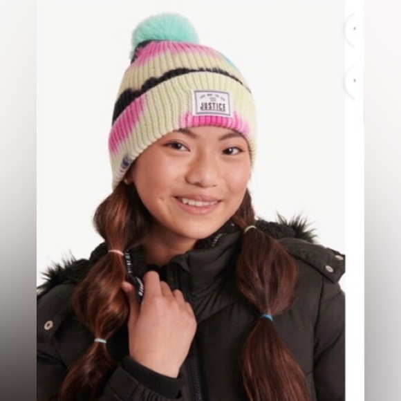 2pack Justice Girls’ faux fur pom pom ombre Tie Dye & fair isle look beanies new - Picture 8 of 11